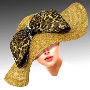 Stunning Couture Leopard Wide Brim Floppy Hat Kentucky Derby Tea Brunch Leopard